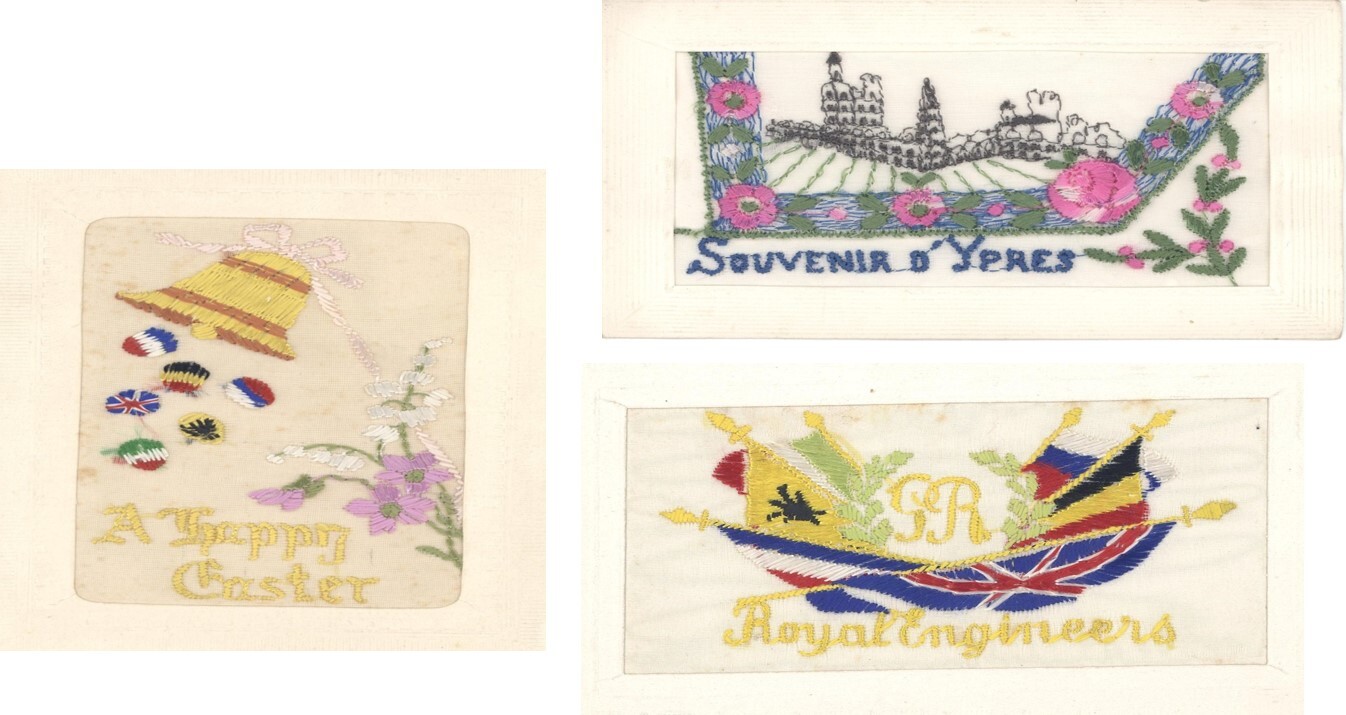 Three colourful embroidered silk postcards. One depicts a bell ringing, a flower, European flags and the words 'A Happy Easter'. Another shows the words 'Souvenir d'Ypres' alongside flowers.  The third represents the Royal Engineers.