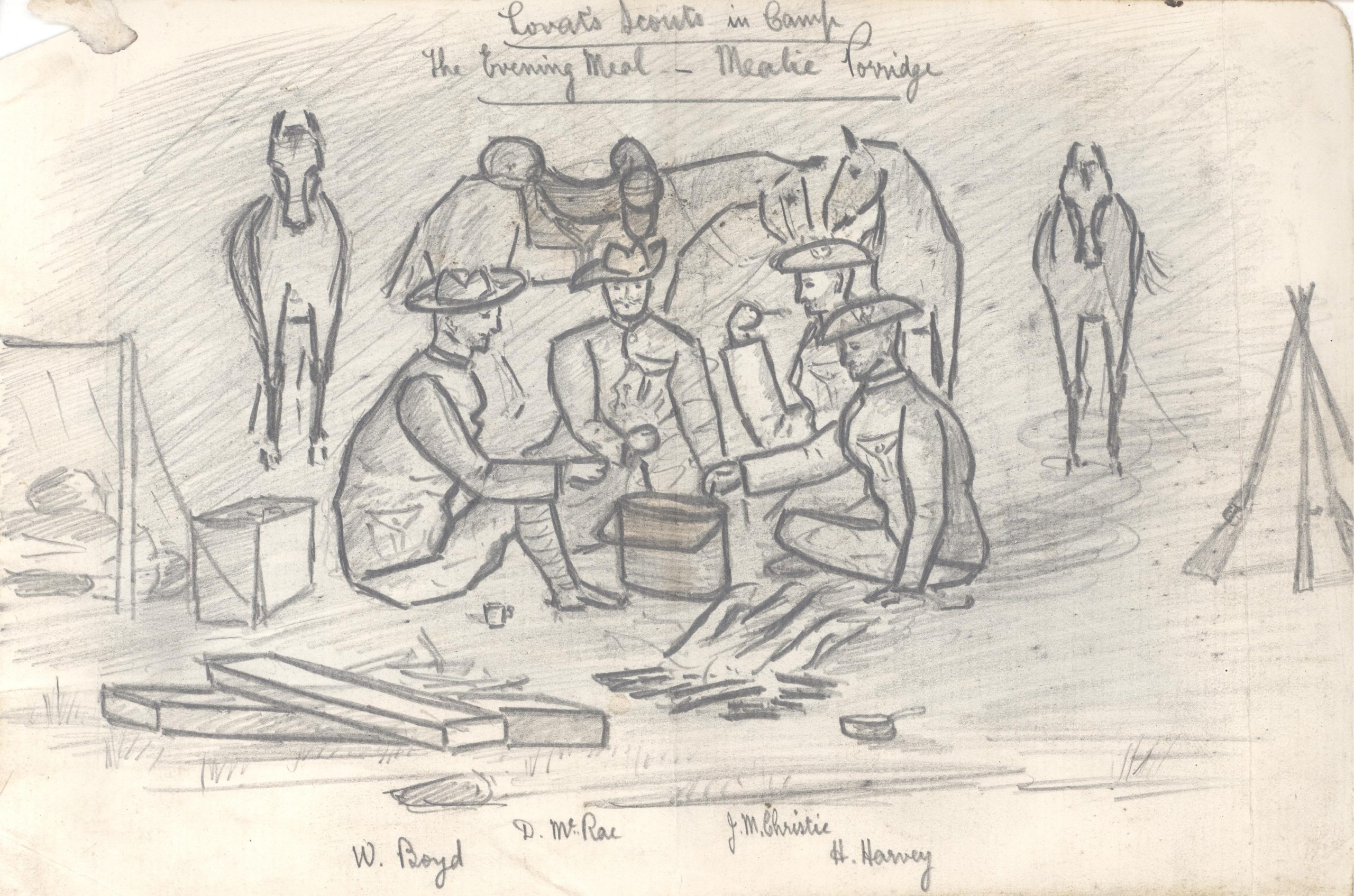 A pencil drawn sketch of a group of men and horses eating round a fire.  It is titled 'Lovat Scouts in camp.  The evening meal - mealie porridge' and the names W Boyd, D McRae, J.M. Christie, and H Harvey are noted on it.