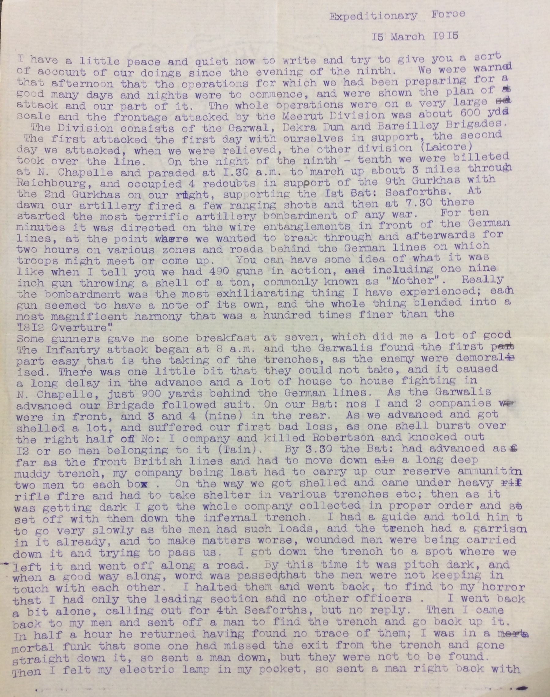 A thin piece of paper with a typed letter in purple ink.