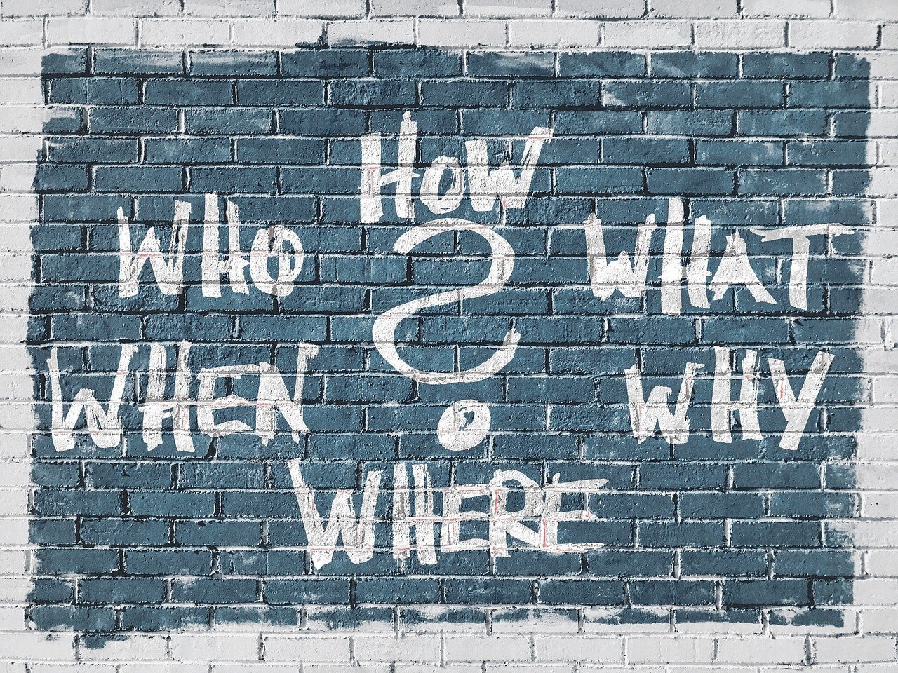 A grey wall painted with the graffiti- effect words 'how', 'what', 'why', 'where', 'when' and 'who'