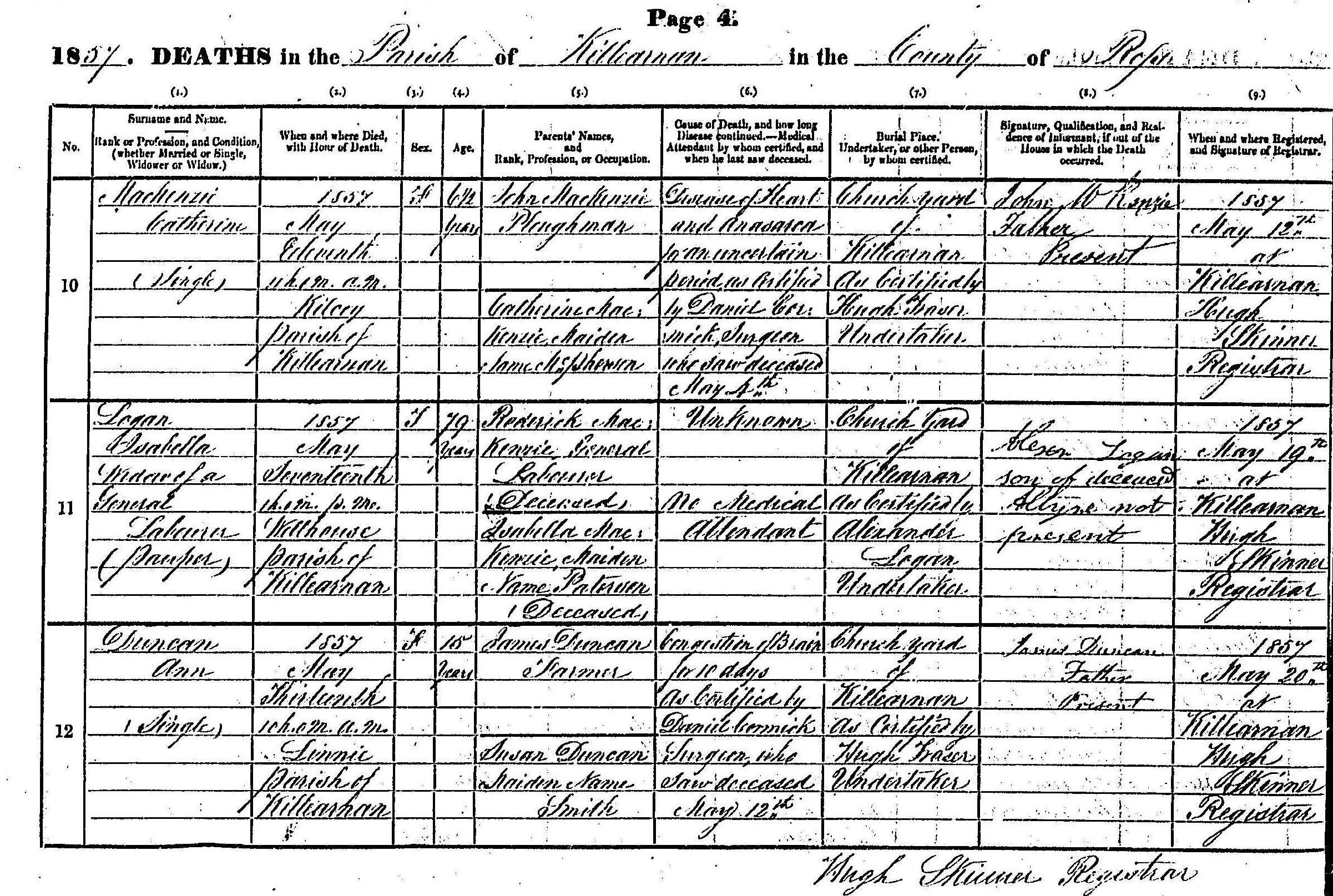 A black and white image showing three entries of death registrations for the parish of Killearnan in the year 1857