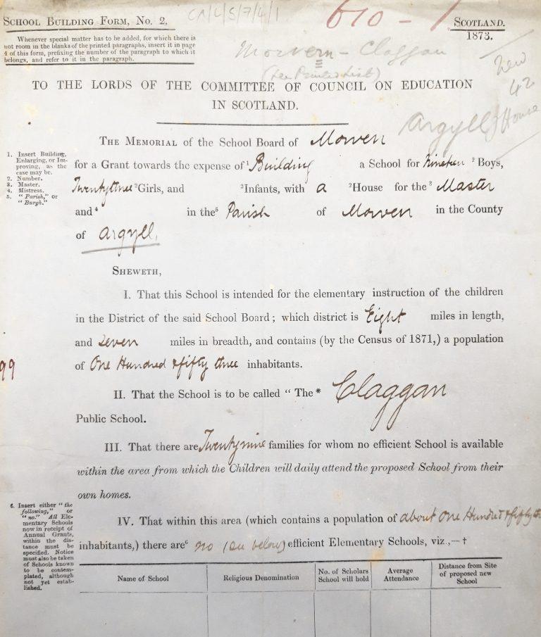 A handwritten and printed 1873 form requesting a grant to build Claggan Public School in the parish of Morven, Argyll. The document includes details about the district size, population, and number of families needing a school.