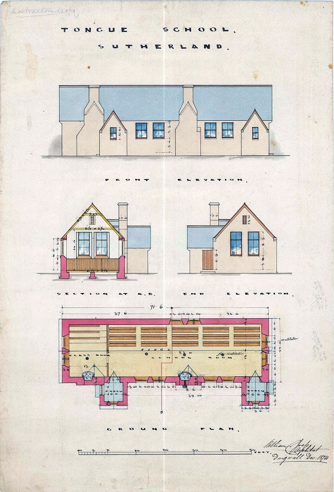 Architectural drawing of Tongue School in Sutherland, dated 1874. The image shows three views: a front elevation of the building with pitched roofs and chimneys, a section and end elevation with detailed measurements, and a ground plan with labeled rooms and dimensions. The drawings are hand-colored in shades of blue, beige, and pink.
