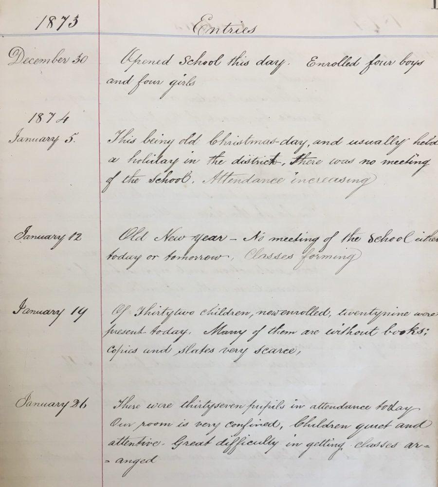 Handwritten school log book entries from 1873–1874 noting opening day, holidays, attendance, and classroom challenges.