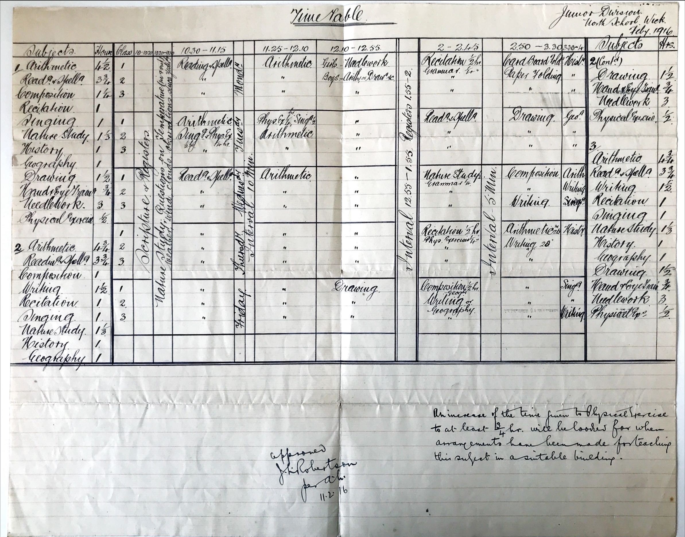 Handwritten school timetable from 1916 showing subjects and time slots in a grid, with notes and a signature at the bottom.