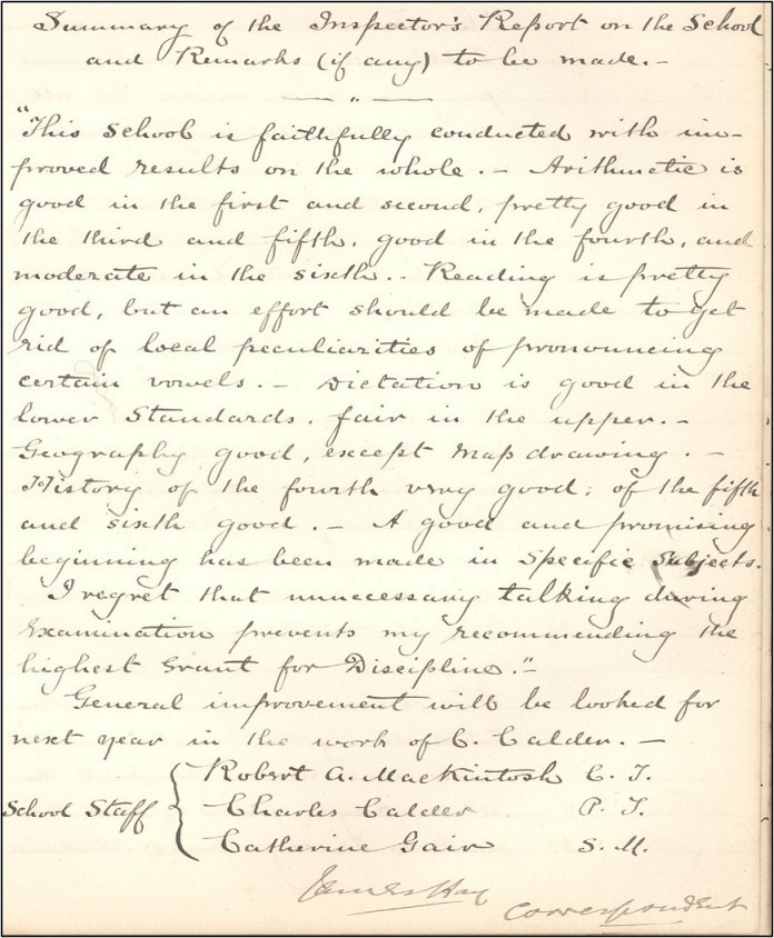 Handwritten page titled ‘Summary of the Inspector’s Report on the School and Remarks (if any) to be made.’ The text evaluates subjects such as arithmetic, reading, dictation, geography, and writing, noting strengths and areas for improvement. It mentions unnecessary talking during examinations and recommends improvement in pronunciation. At the bottom, the school staff names are listed: Robert A. MacIntosh, Charles Calder, and Catherine Iain.