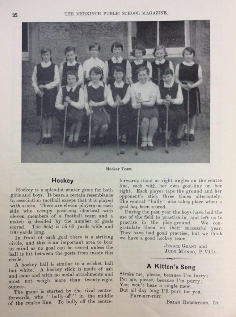 A black-and-white page from "The Merkinch Public School Magazine" featuring a posed photograph of a girls' hockey team in uniform holding sticks, arranged in two rows. Below the photo is the caption "Hockey Team." The page includes two text sections: one describing the rules and appeal of hockey for boys and girls, and another titled "A Kitten's Song," a short, playful poem by a student named Brian Robertson.