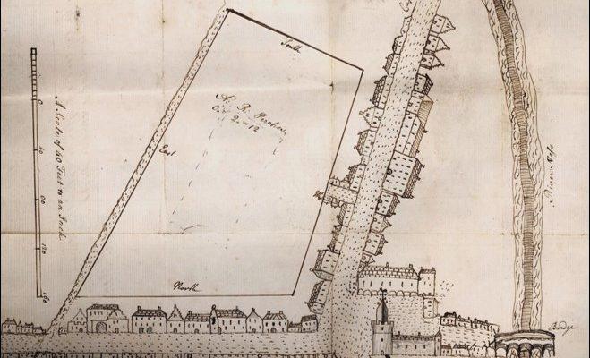 Historic hand-drawn map showing a section of Inverness with streets, rows of buildings, and a river on the right side. The map includes a rectangular plot labeled “A Piece of Ground” with measurements, and a scale marked in feet on the left. Architectural details of buildings and a tower are illustrated along the streets.