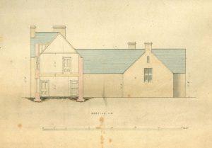 Architectural elevation drawing of a two-story and single-story building with pitched roofs, chimneys, and a scale at the bottom.