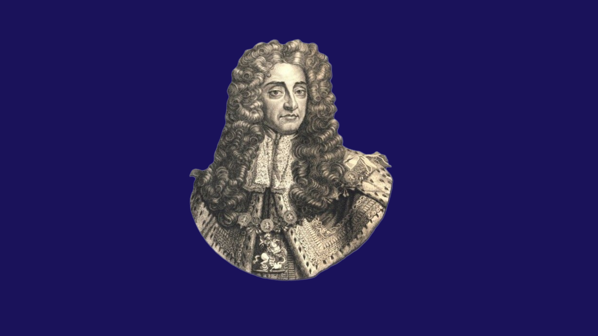 Graphic design featuring an illustration of a richly dressed historical figure with long curled hair, set against a dark blue background.