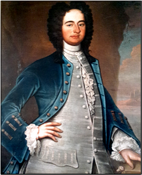 A painted portrait showing an individual standing in formal historical clothing. The person wears a blue coat with elaborate gold-trimmed buttonholes and cuffs, layered over a light-coloured waistcoat decorated with rows of buttons and ruffled fabric. The sleeves end in lace-trimmed cuffs. One arm is bent at the elbow with a hand resting on the hip, while the other arm hangs relaxed at the side. The background features a softly rendered outdoor landscape with muted tones, suggesting distant sky and terrain. The lighting highlights the textures of the garments, especially the rich blue fabric and intricate lace details.