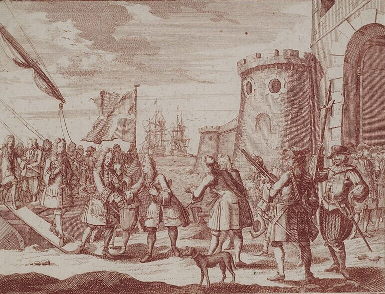 An old engraved scene showing a busy port setting. Several figures in historical clothing stand near a ship’s gangplank as more individuals disembark. In the background, sailing ships sit in the harbour, and a stone fort with round towers rises to the right. A small dog stands in the foreground, and multiple people carry weapons, flags, or musical instruments as part of the gathering.