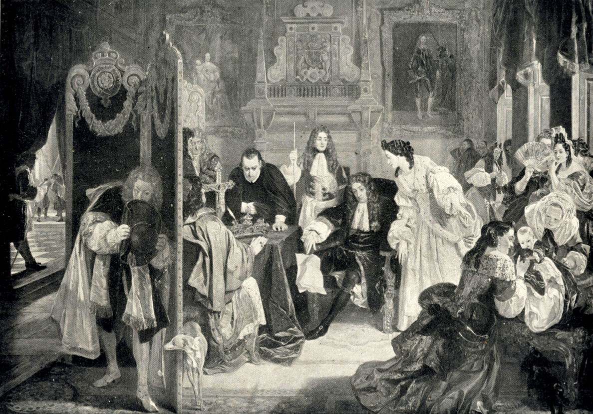 Black‑and‑white historical illustration showing an ornate interior scene titled ‘James II Receiving News of the Landing of the Prince of Orange, 1688.’ At the center, a figure sits beside a table surrounded by attendants and clergy, while messengers and courtiers gather around the room. The setting is richly decorated, with draped curtains, elaborate furniture, and figures in period clothing reacting to the news. A group of seated and standing figures occupies the foreground, while additional figures appear in the background near a large throne-like chair.