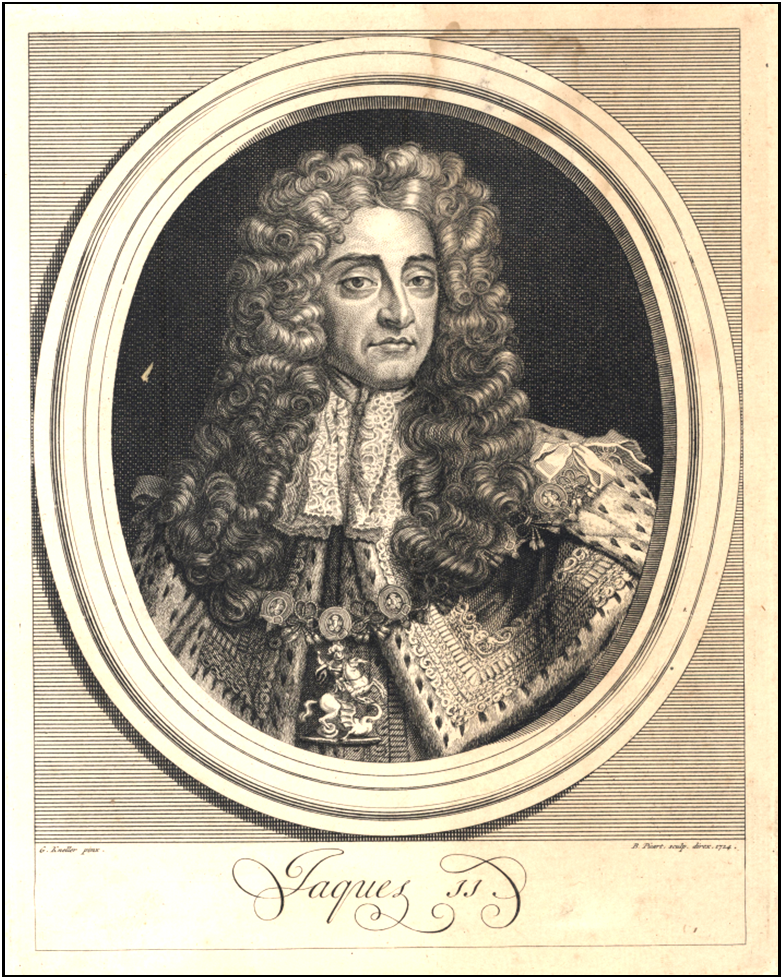 Engraved portrait set within an oval decorative frame, depicting a historical figure wearing an elaborate, richly patterned robe adorned with ornate embroidery and multiple medallions. The clothing features detailed lace at the collar and cuffs, and the figure has long, voluminous curled hair characteristic of late 17th‑century fashion. Beneath the portrait is a stylised handwritten inscription reading “Jacques IIs.