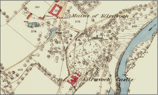 An old, coloured map showing the area surrounding Kilravock Castle. The map depicts fields, woodland, pathways, and buildings, with property boundaries marked by thin lines. Kilravock Castle appears near the bottom centre as a red‑shaded rectangular structure, surrounded by trees and labelled “Kilravock Castle.” To the north, another red‑shaded building complex is labelled “Mains of Kilravock.” A river runs vertically along the right side of the map, shaded in blue and bordered by textured bank markings. Individual field numbers—such as 259, 268, 269, 276, 277, 278, and 281—are printed throughout, indicating specific land parcels. Small ponds, roads, clusters of trees, and cultivated areas are drawn with fine detail, creating a clear representation of the landscape and estate layout.