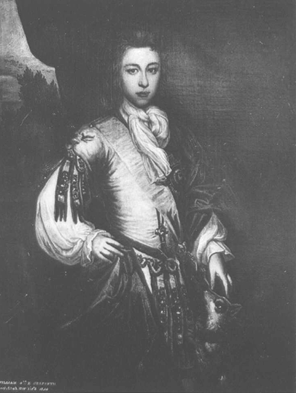 A monochrome painted portrait showing a figure dressed in elaborate historical clothing. The figure is depicted from the torso upward, wearing voluminous, draped garments with rich folds and textures. A large, gathered sash or cloth is tied across the upper chest, creating dramatic diagonal lines in the composition. Ornate details—including tassels, embroidery, and decorative elements on the sleeves and waist—suggest formal or ceremonial attire. The background is dark and shadowed, with subtle gradations that highlight the illuminated fabric in the foreground. The lower portion of the image includes deep shadows where part of the figure’s arm and a section of patterned fabric are visible.