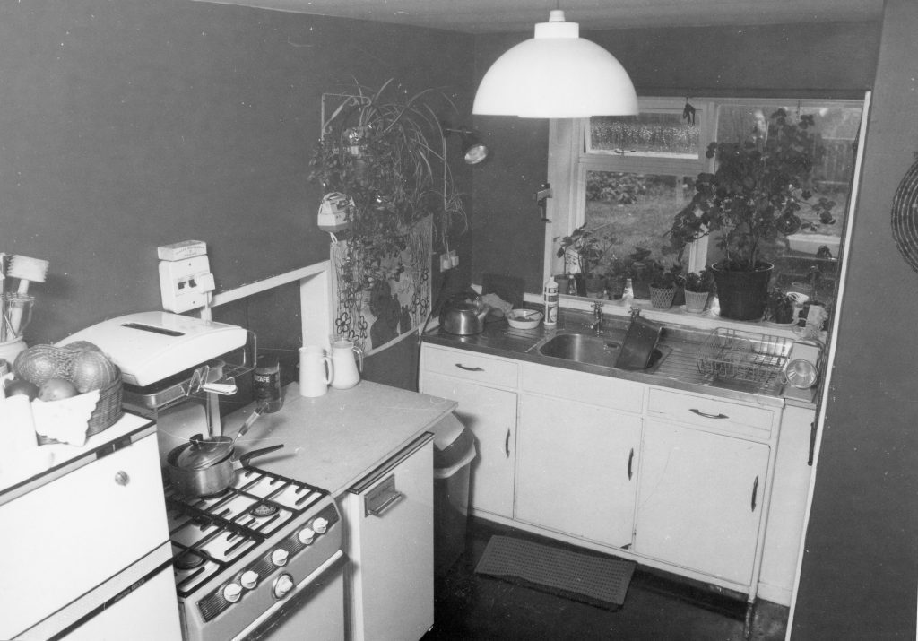 Black-and-white photo of a small kitchen with gas stove, countertop, sink unit, hanging light, and potted plants on windowsill.