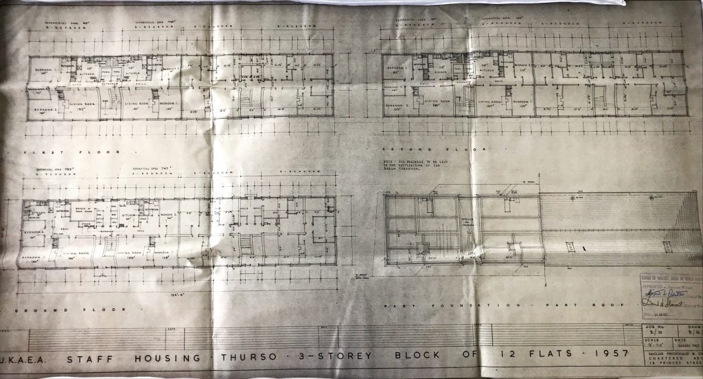 Architectural plan of UKAEA Thurso staff housing showing layouts for a 3-storey block of 12 flats, dated 1957.