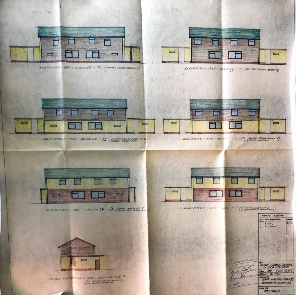 Colored elevation drawings of UKAEA Mount Vernon housing blocks showing front views and one end elevation.