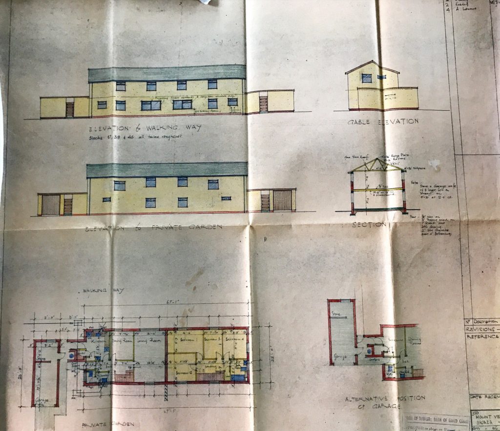 Colored architectural drawing of Mount Vernon housing showing front, gable, and section elevations with floor plans.