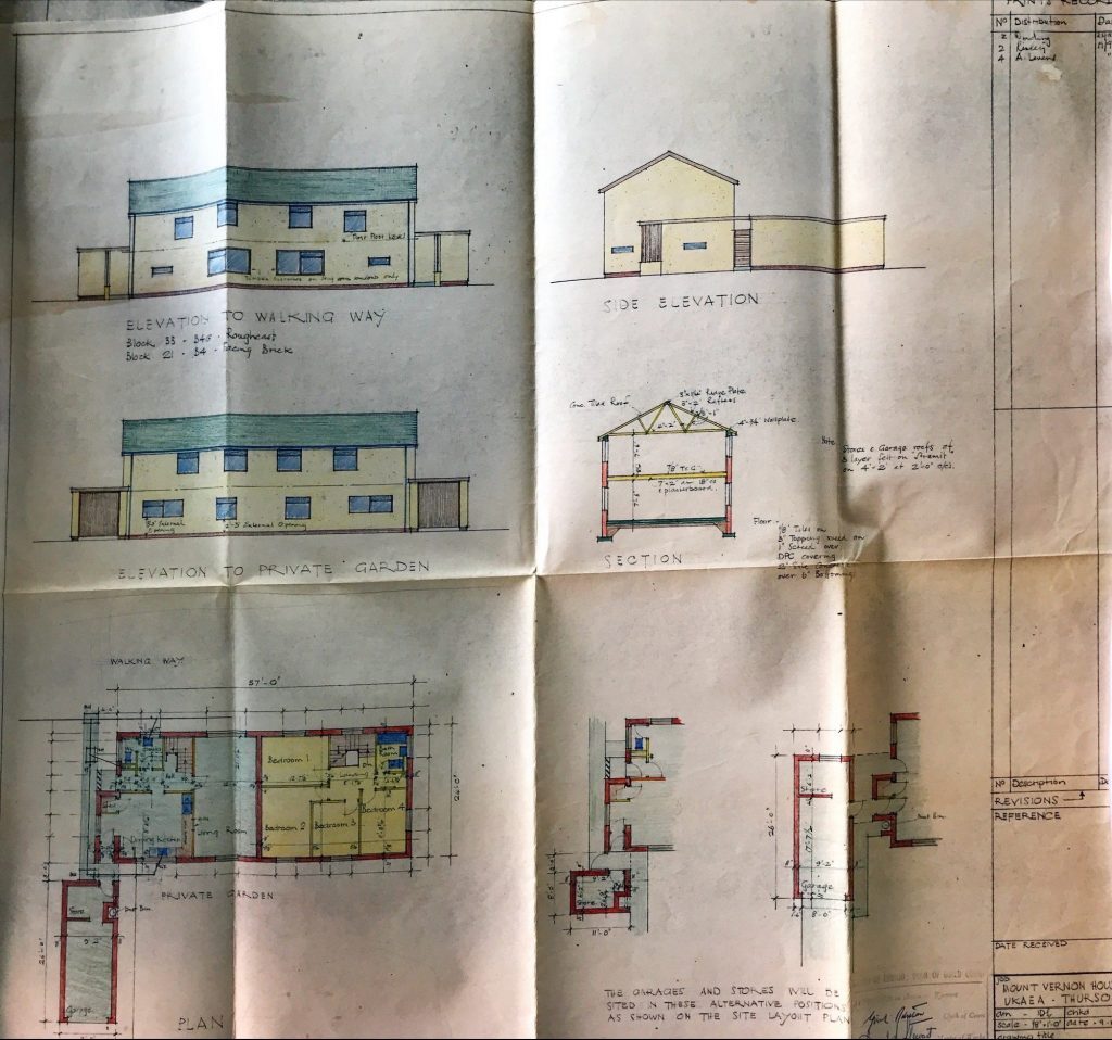Colored architectural drawing of Mount Vernon housing showing front, side, and section elevations with floor plan.