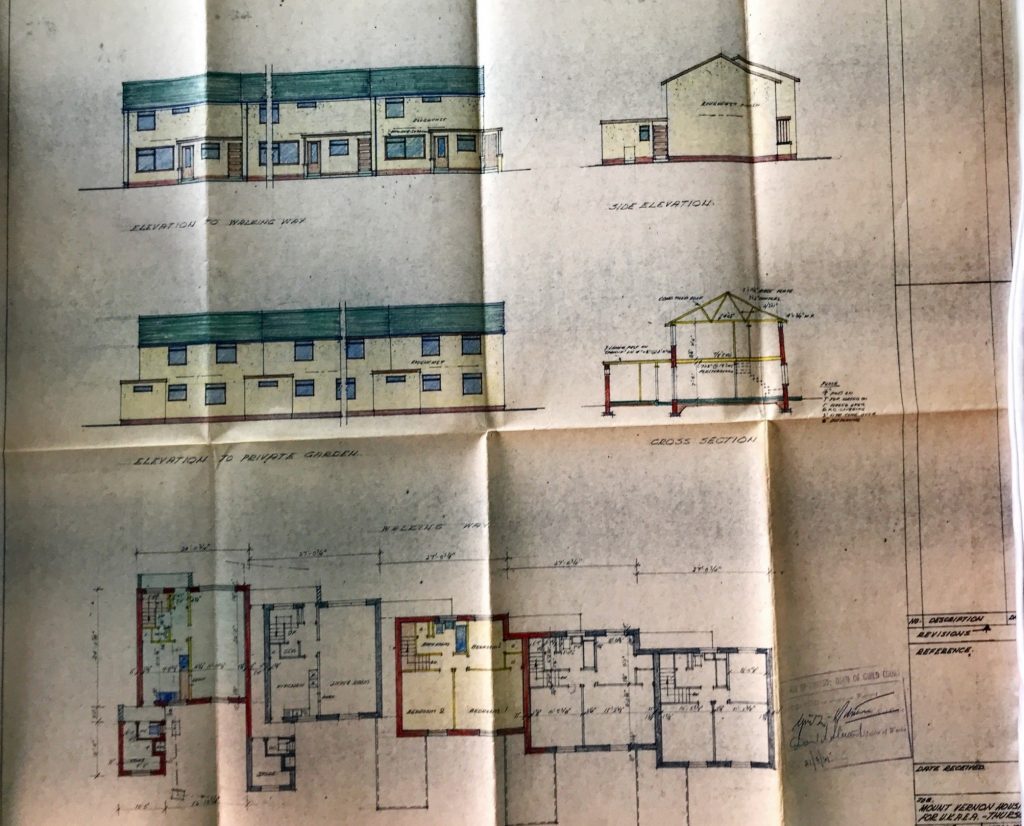 Colored architectural drawing of Mount Vernon housing showing front, side, and section elevations with detailed floor plan.