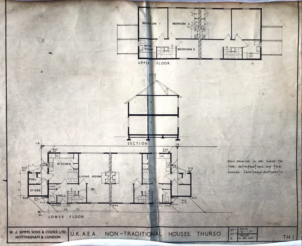 Architectural plan of UKAEA non-traditional Thurso houses showing upper and lower floor layouts with section view.