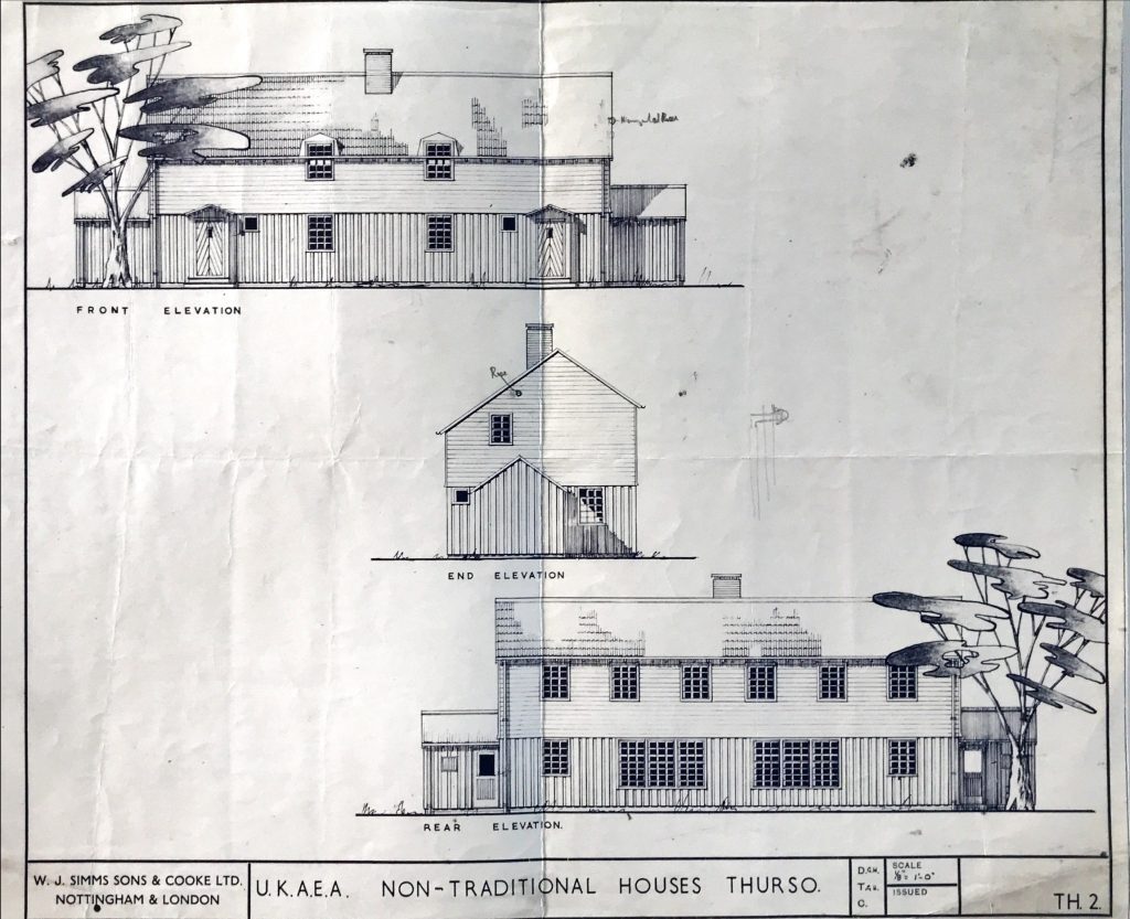 Architectural drawing of UKAEA non-traditional Thurso houses showing front, rear, and end elevations with details.