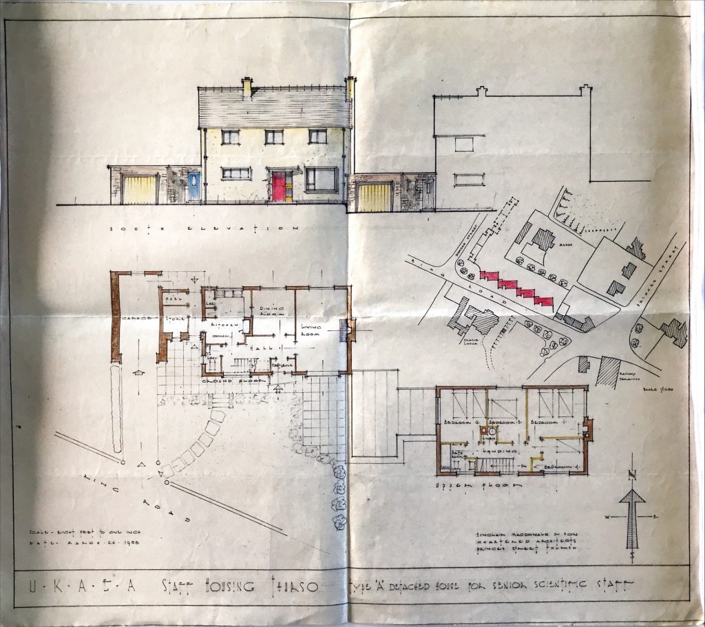 Architectural plan and elevation of UKAEA semi-detached housing with floor layouts and site map.