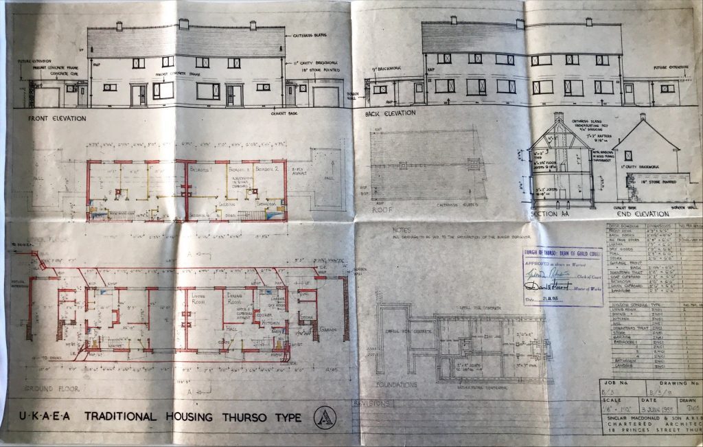 Architectural drawing of UKAEA traditional Type A housing showing elevations, floor plans, and specifications.