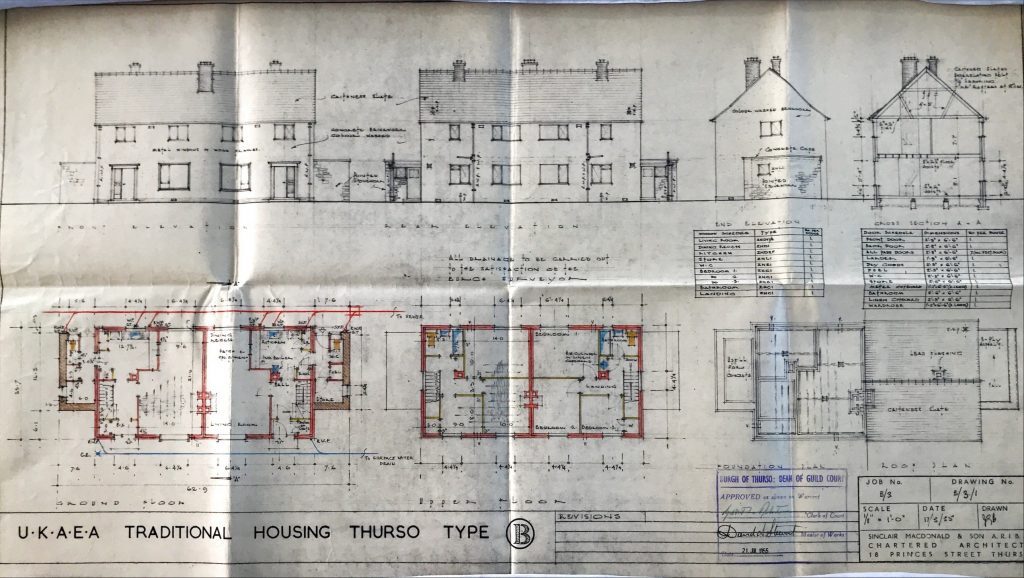 Architectural drawing of UKAEA traditional Type B housing showing front, rear, and side elevations with floor plans.