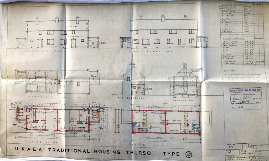 Architectural drawing of UKAEA traditional Type D housing showing elevations, floor plans, and material schedule.