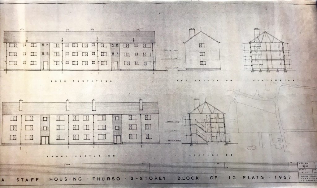 Architectural drawing of UKAEA Thurso 3-storey block of 12 flats showing front, rear, end elevations and section view.