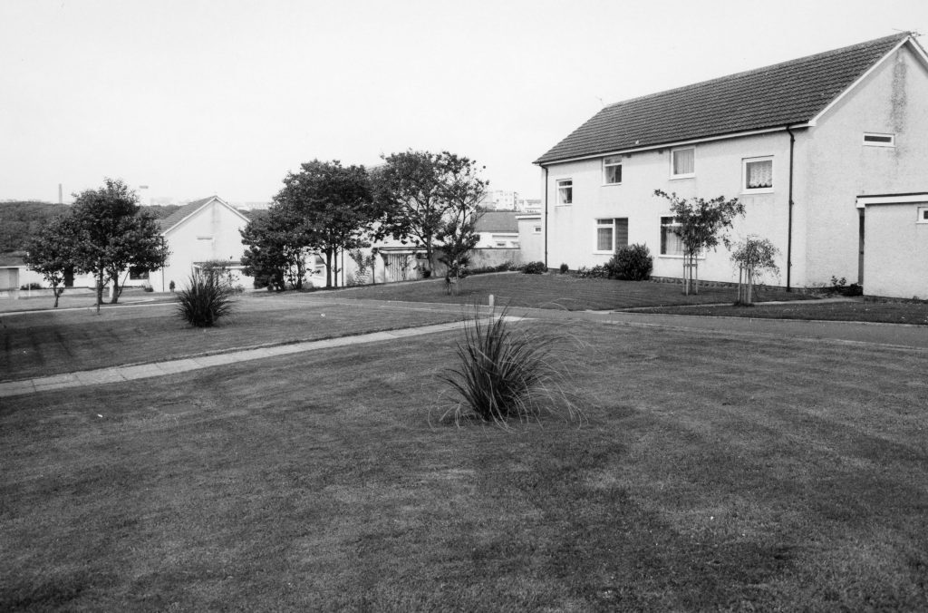 Black-and-white photo of semi-detached houses with pitched roofs, small trees, and neatly mown grass in a quiet housing estate.