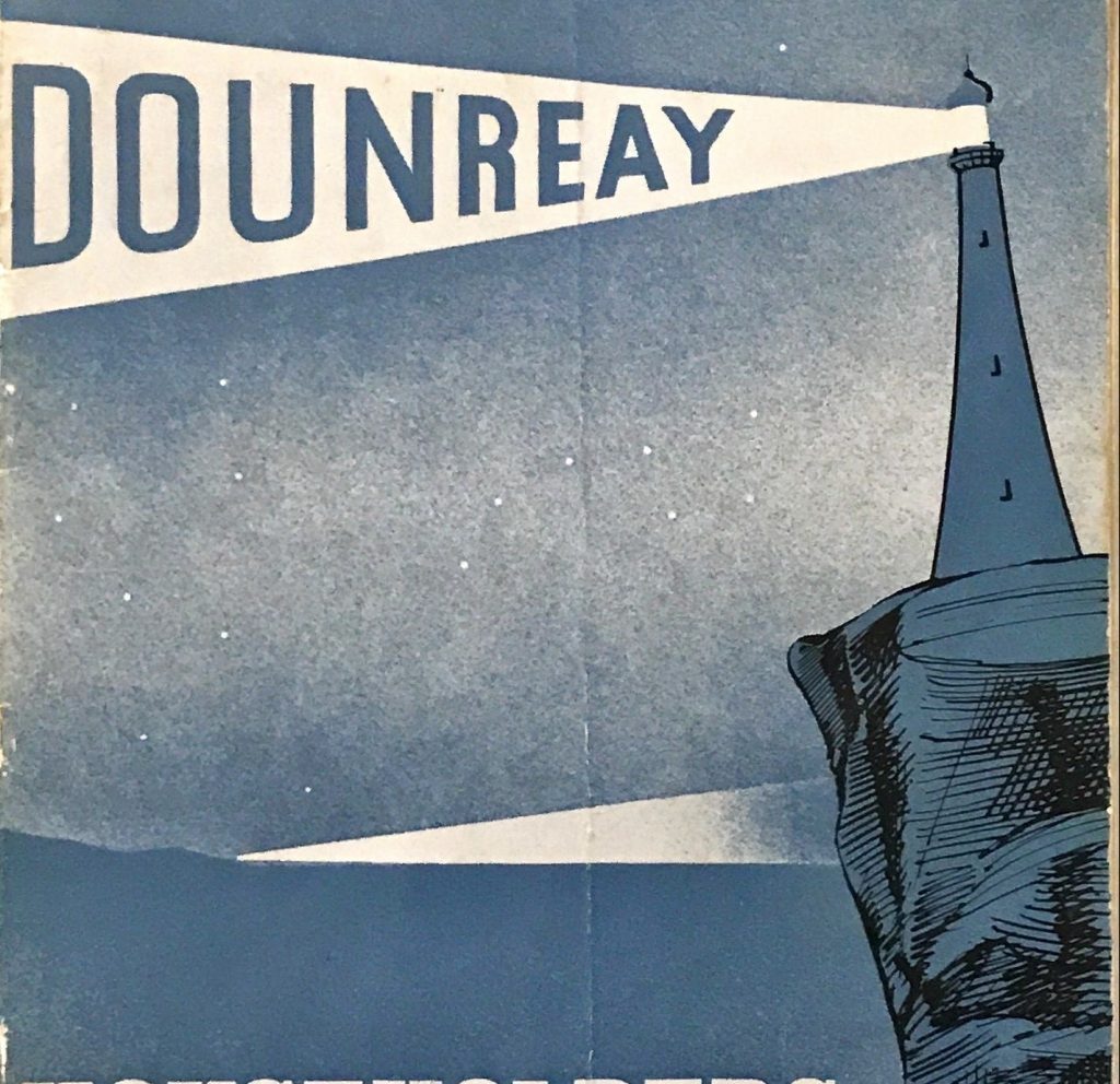 Blue-toned illustrated cover showing a lighthouse on a cliff projecting a beam with the word ‘Dounreay’ against a starry sky.