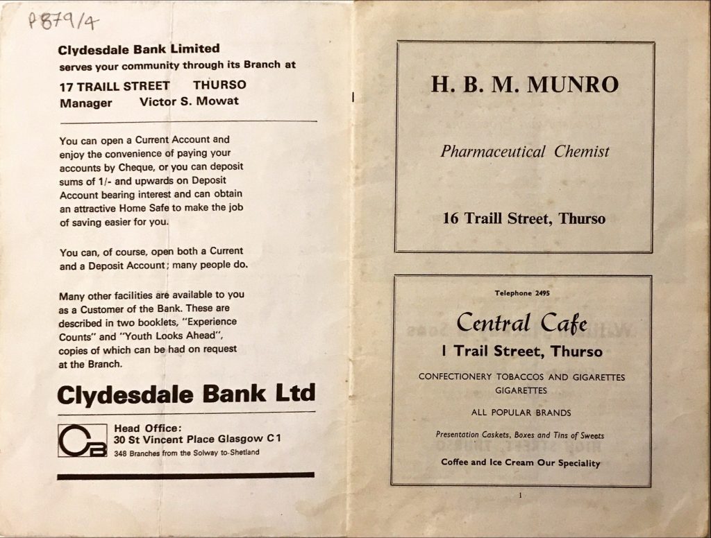 Vintage ads from the Dounreay Householders Handbook for Clydesdale Bank, H.B.M. Munro chemist, and Central Café in Thurso, offering banking, pharmacy, and café services.