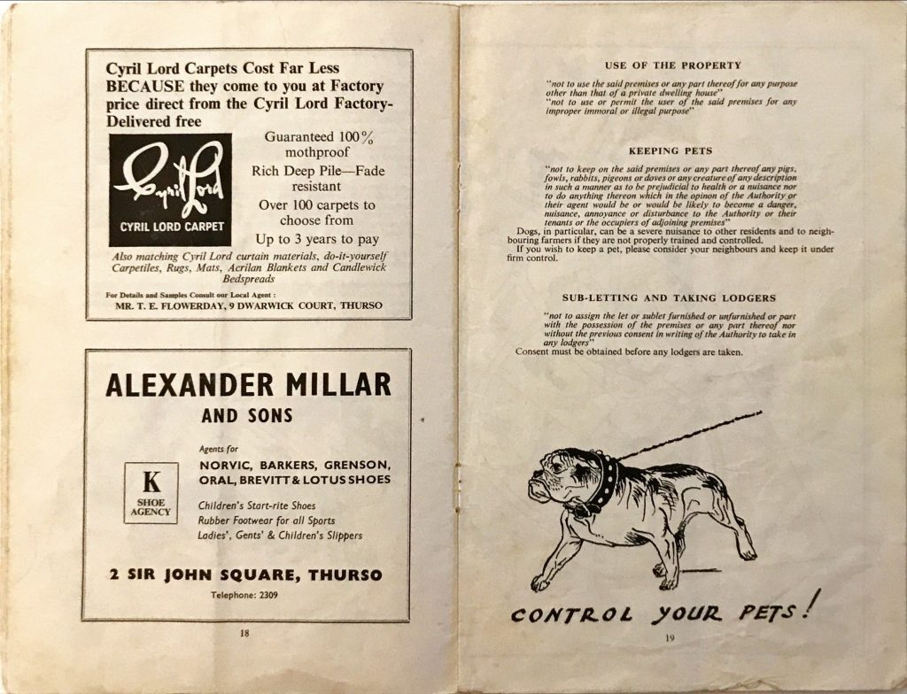 Advertisements for Cyril Lord carpets and Alexander Millar shoes, plus text on property use, pet rules, and sub-letting, with a bulldog illustration captioned 'Control your pets!'.