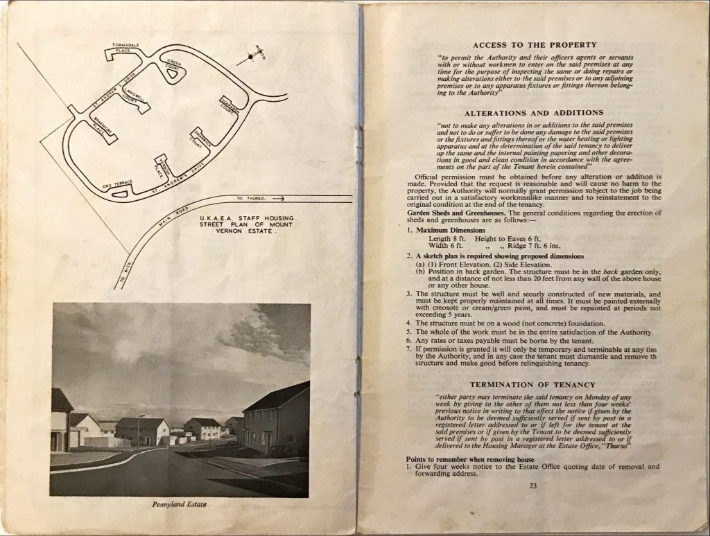 Map of Mount Vernon Estate labeled U.K.A.E.A. staff housing, with a black-and-white photo of Pennyland Estate houses and text on property access, alterations, and tenancy termination.