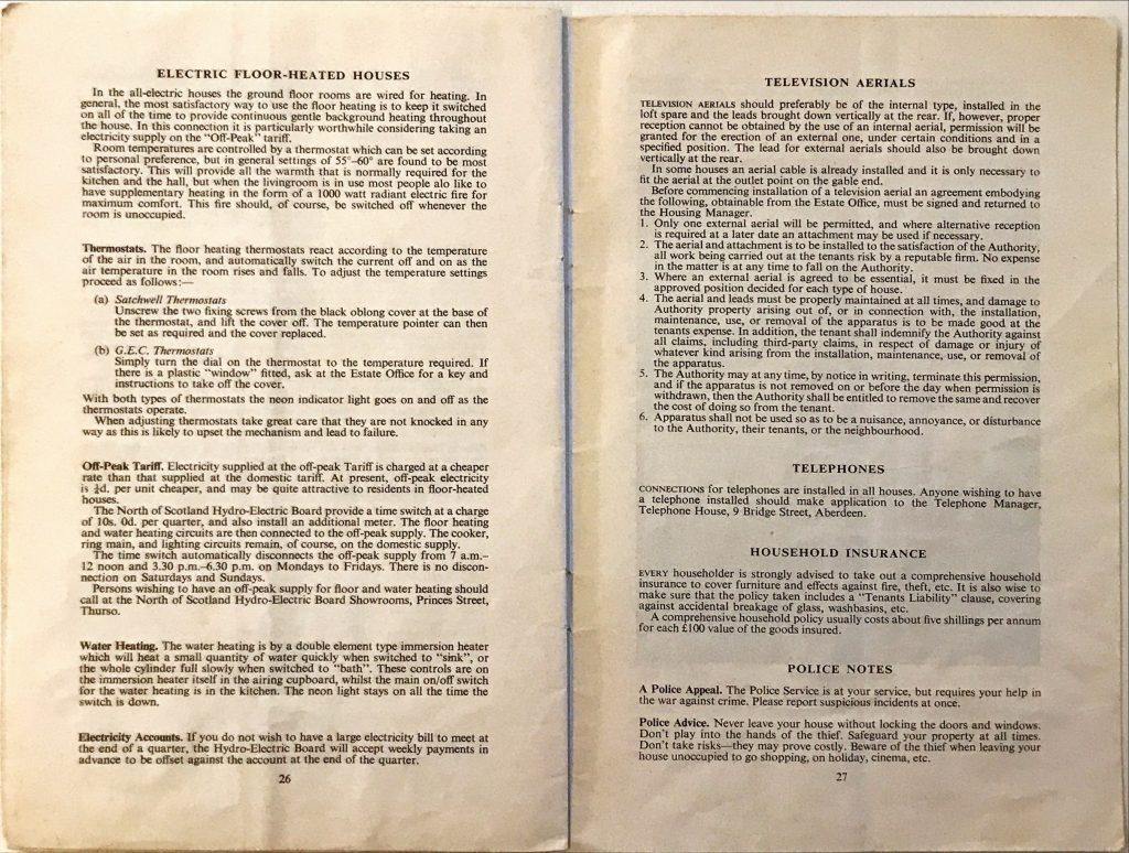 Text on electric floor heating, thermostats, off-peak tariffs, water heating, and electricity accounts, plus sections on television aerials, telephones, household insurance, and police notes.