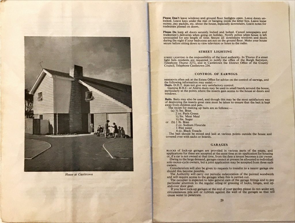 Black-and-white photo of a modern house at Castletown with people outside, plus text on home security, street lighting, earwig control, and garage maintenance.