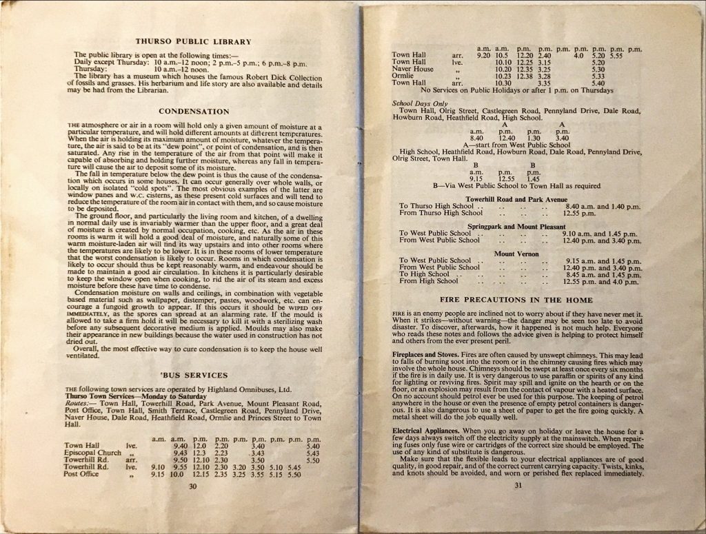 Text detailing Thurso Public Library hours, condensation prevention tips, local bus service timetables, and fire precautions for the home.