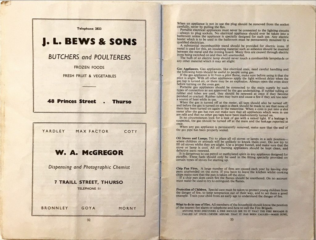 Advertisements for J.L. Bews & Sons butchers and W.A. McGregor chemist, alongside text on safe use of electrical and gas appliances, oil stoves, chip pan fire prevention, and emergency fire procedures.