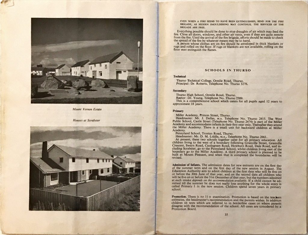 Two black-and-white photos of housing estates labeled Mount Vernon Estate and Houses at Scrabster, alongside text listing Thurso schools, including technical, secondary, and primary, with admission details.