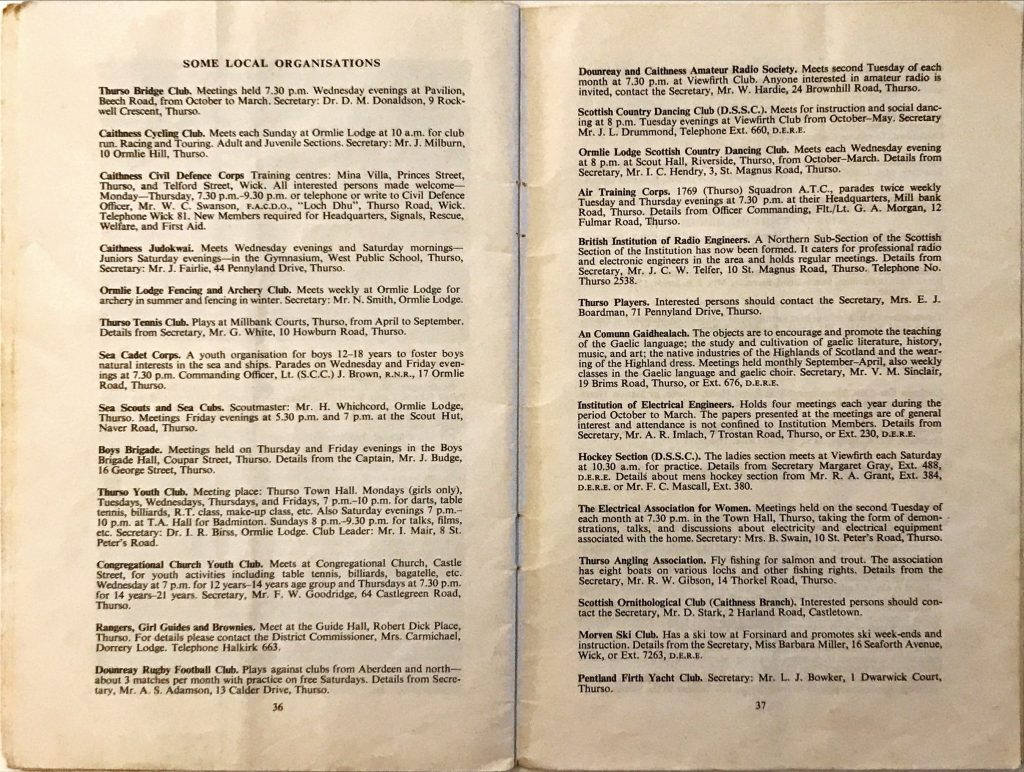 Text listing local organizations in Thurso and Caithness, including clubs for bridge, cycling, scouts, guides, sports, drama, music, and youth activities, with meeting times and contact details.