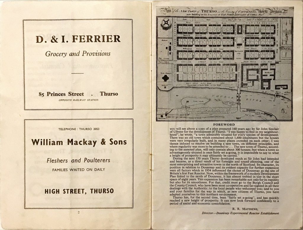 Vintage ads for D. & I. Ferrier grocers and William Mackay & Sons butchers in Thurso, alongside a historic town plan of Thurso and foreword.