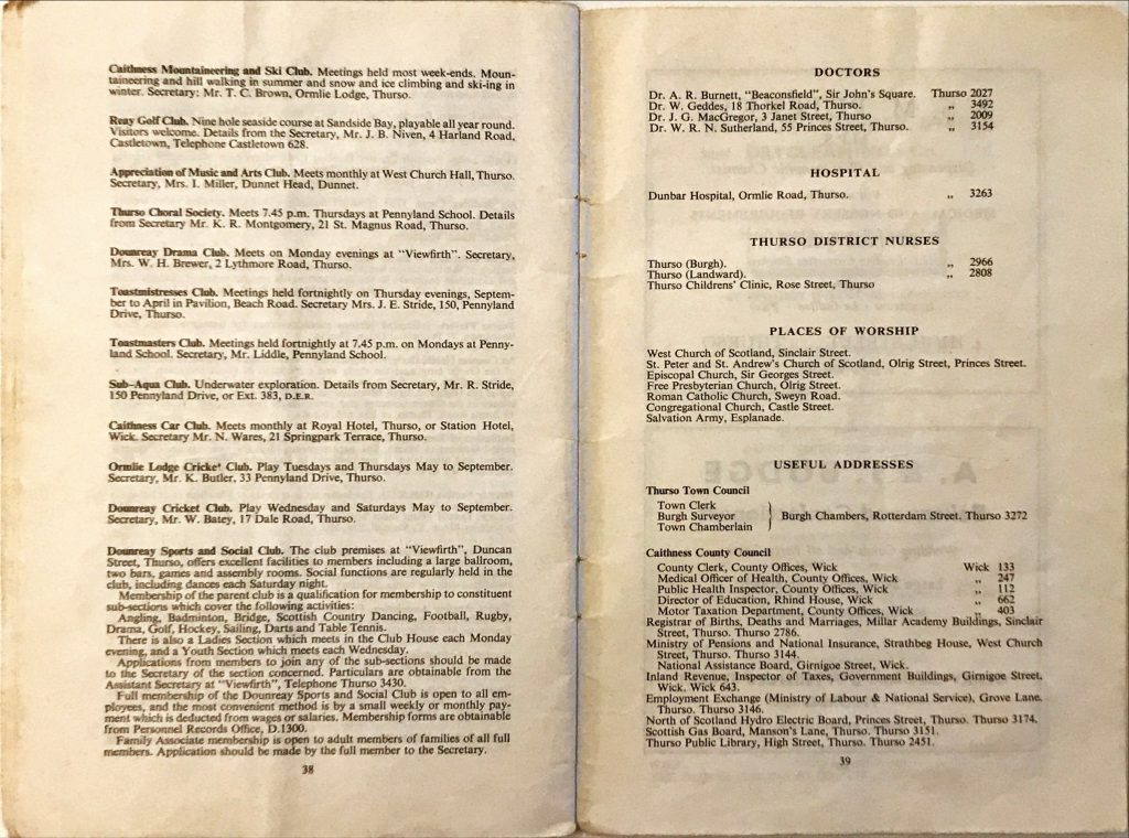 Text listing local clubs such as mountaineering, golf, drama, and social groups, alongside contact details for doctors, hospital, nurses, places of worship, and useful addresses for Thurso and Caithness.