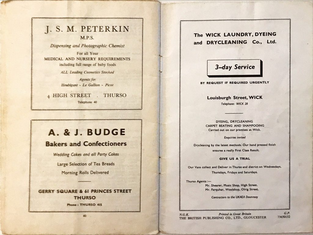 Vintage ads for Thurso chemist, bakery, and Wick laundry service offering 3-day dry cleaning and delivery options. From Dounreay Householders Handbook.