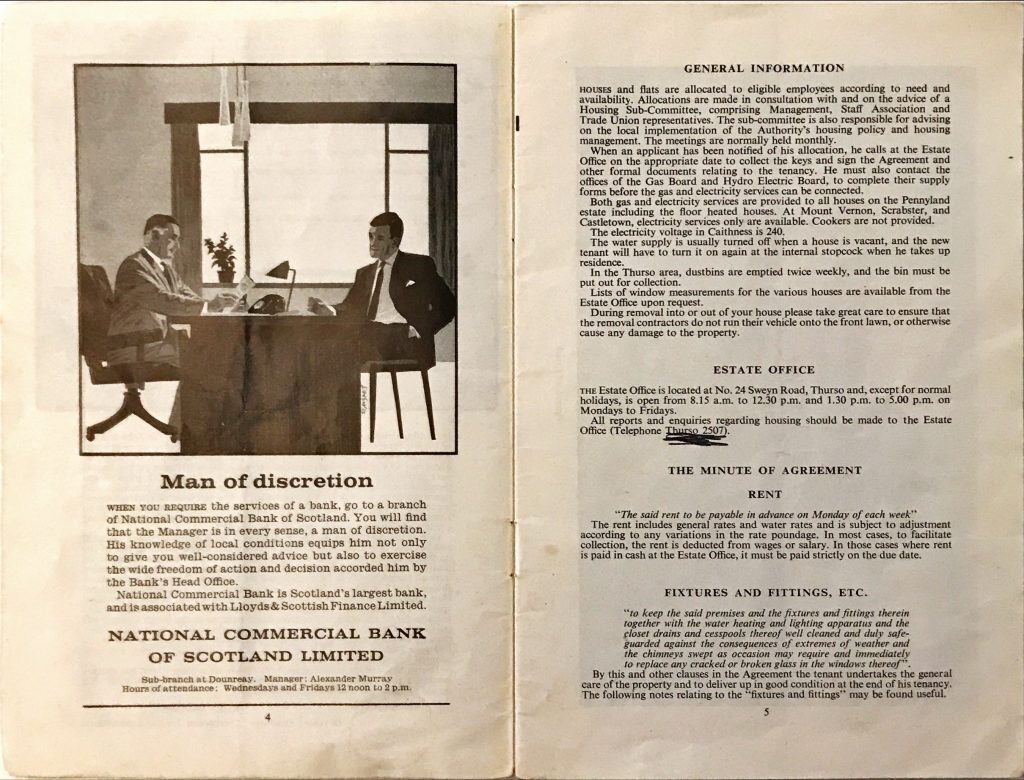 Vintage ad for National Commercial Bank of Scotland with photo of two men at a desk, plus housing and rent information text.
