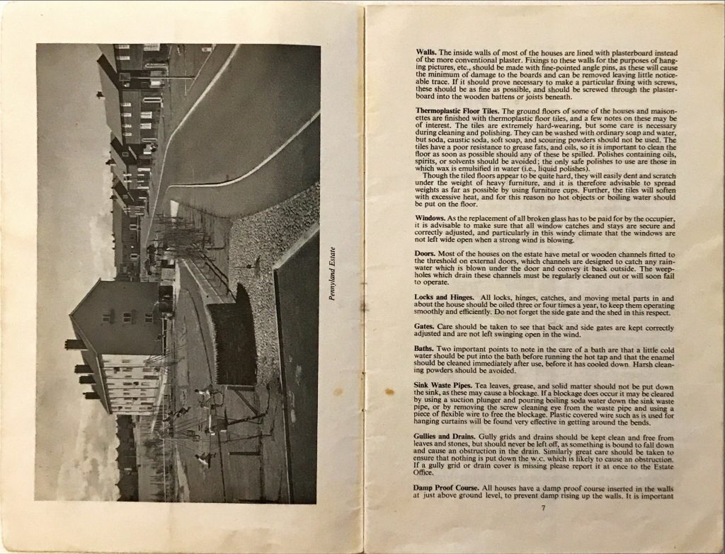 Black-and-white photo of housing estate with curved road, plus text detailing care and maintenance advice for walls, floors, doors, windows, gates, baths, gullies and drains and locks and hinges.