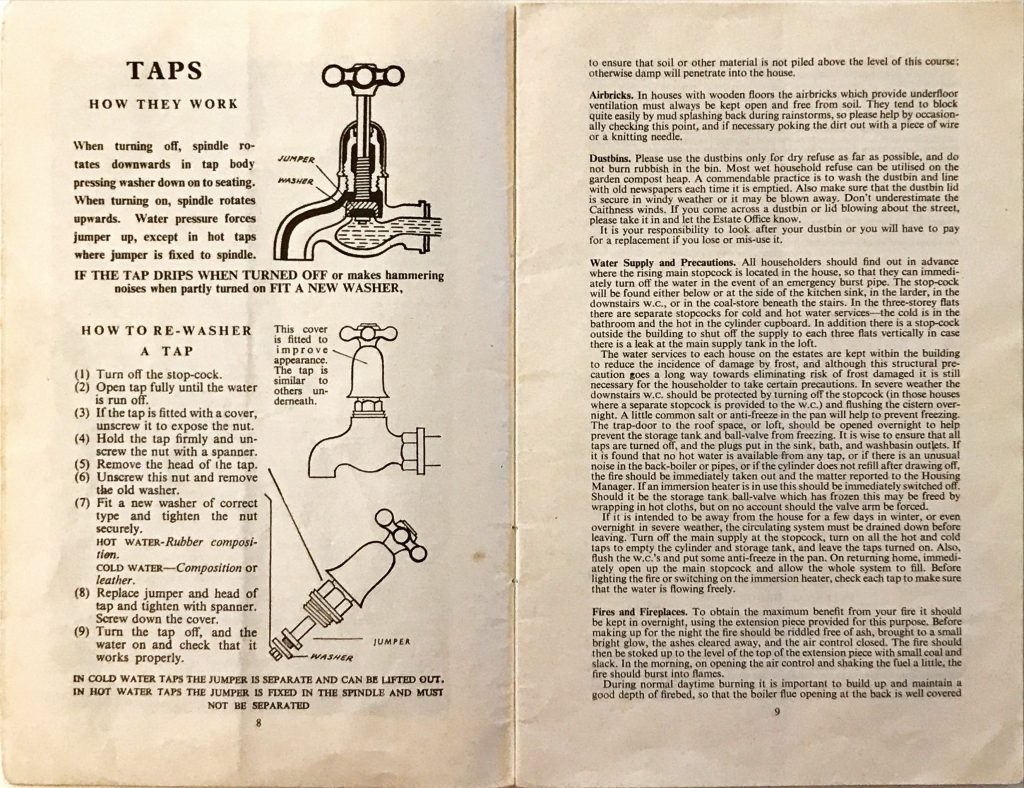Illustrated guide on how taps work and steps to re-washer a tap, alongside text on household tips for water, drains, and fireplaces.